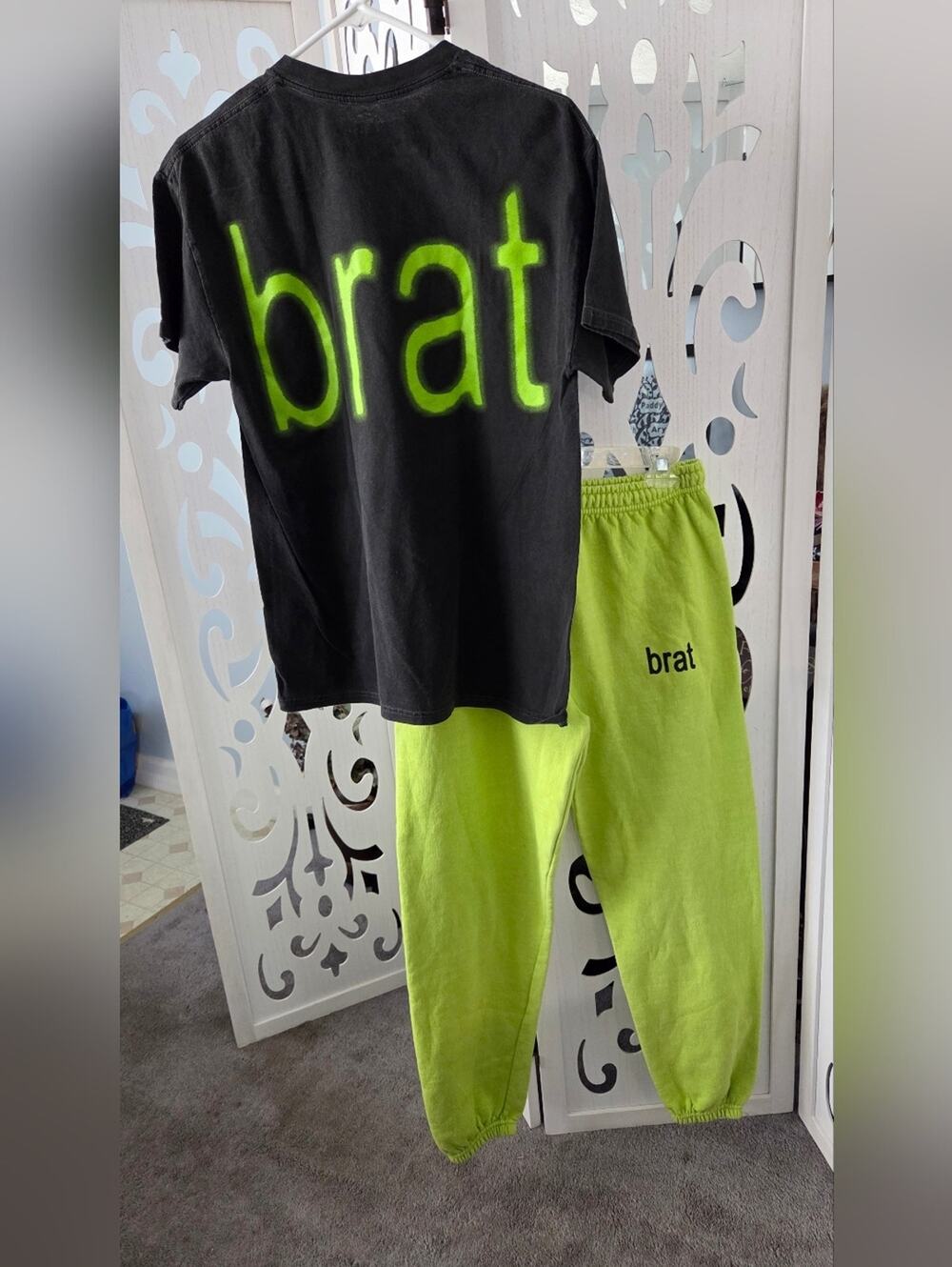 Charli XCX Brat Outfit Set Small Black Tee Neon Green Sweatpants